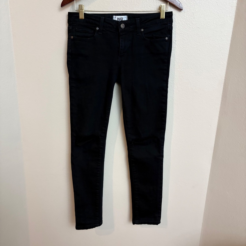 Paige Skyline Skinny Jeans 29 Black Distressed Knee Denim Slim Fit Mid Rise